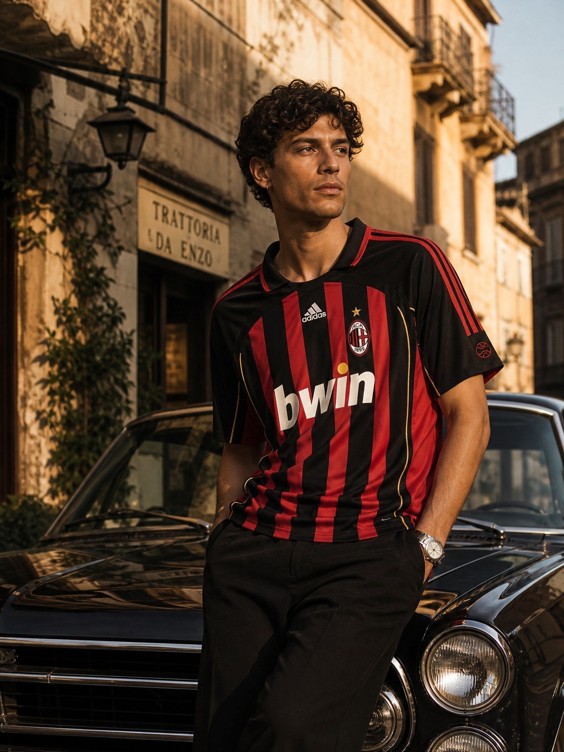 Maillot retro AC Milan porte dans une rue italienne