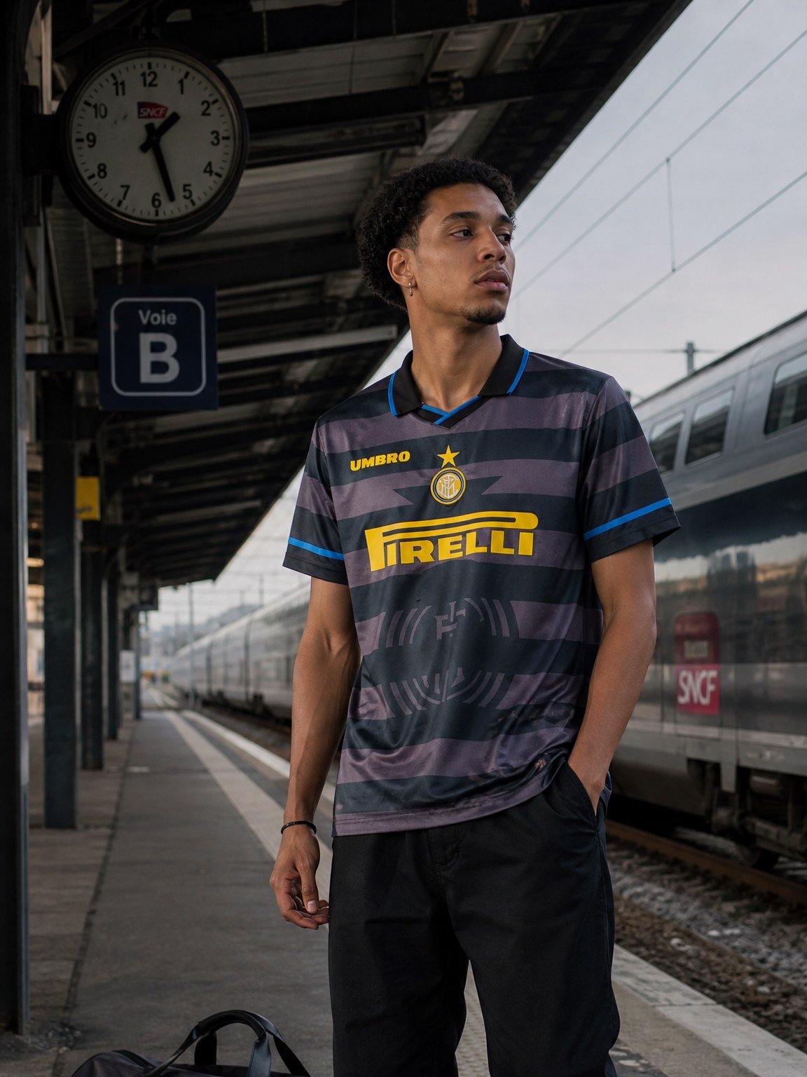 Maillot retro Inter Milan porte sur un quai de gare