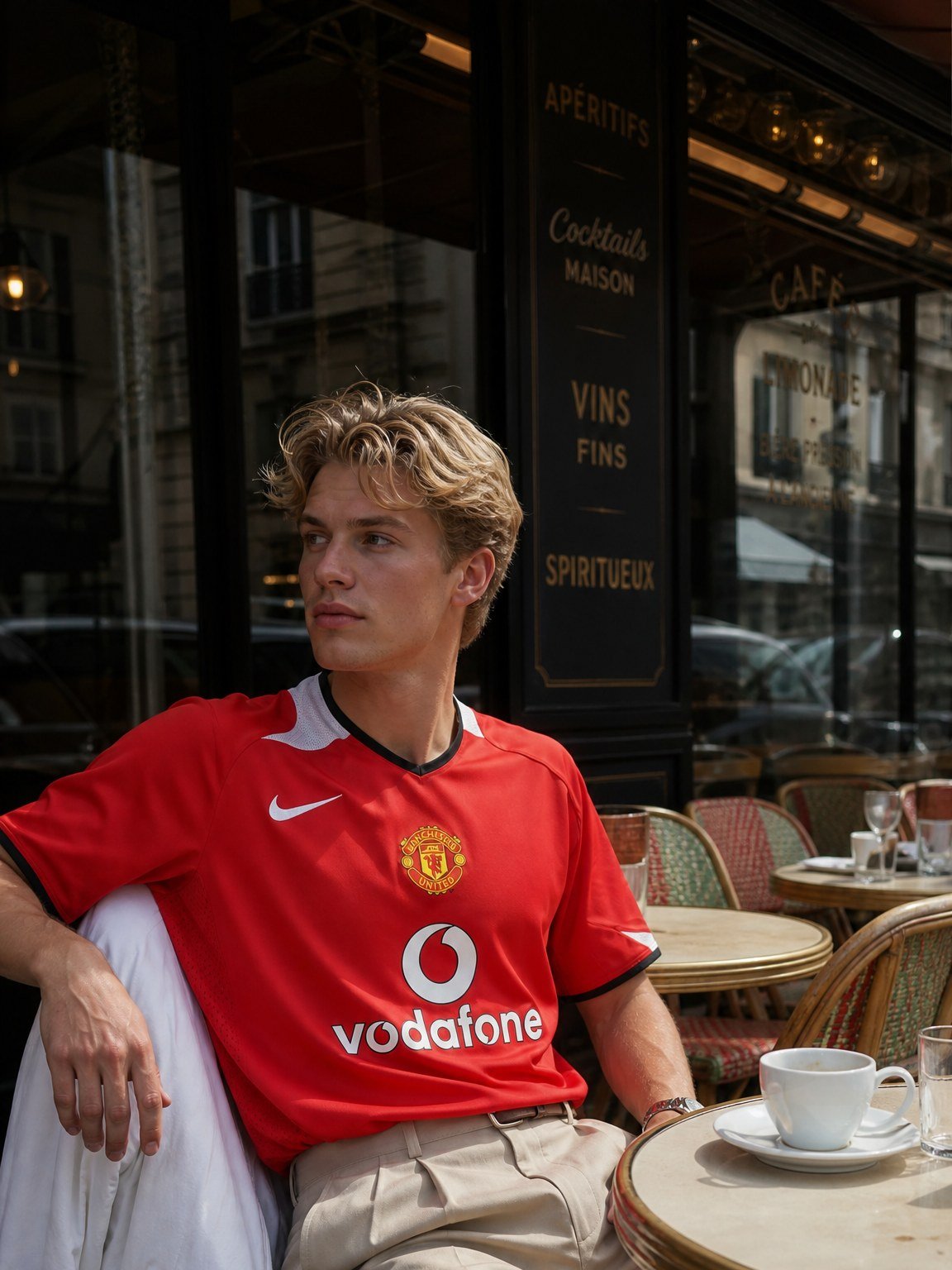 Maillot retro Manchester United porte en terrasse de cafe